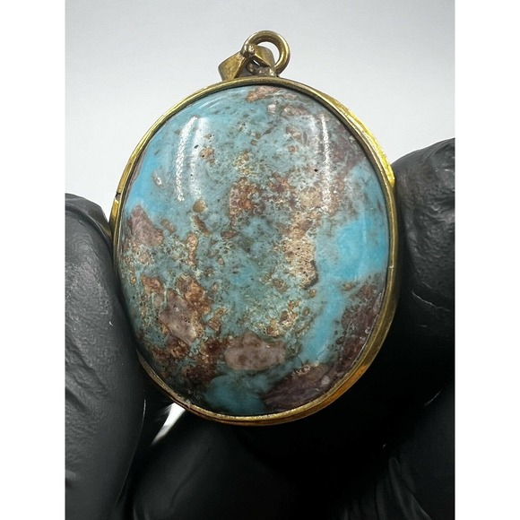 Natural Turquoise Pendant Metal Brass Handmade With Rope - Picture 8 of 11